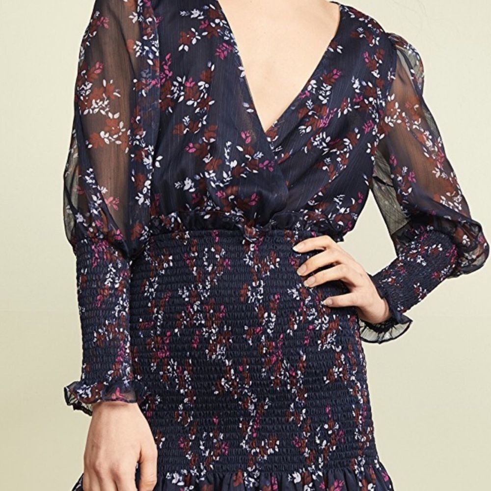 Keepsake Embrace Smocked Longsleeve VNeck Mini Dress Navy Floral Cocktail Sz S - Picture 5 of 12